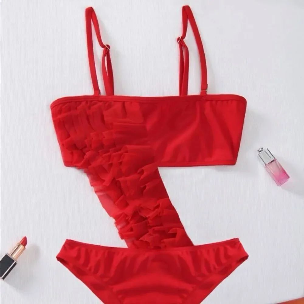 Red Ruffle One Shoulder Bikini Set Women’s Size L Swimwear